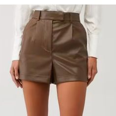 Brand New, Never Worn Imelda Shorts In Brown Chic Going Out Shorts With Belt Loops, Chic Brown Short Bottoms, Chic Brown Short Length Bottoms, Chic Short Length Brown Bottoms, Brown Leather Short Bottoms, Chic Leather Bottoms For Going Out, Chic Brown Bottoms With Belt Loops, Elegant Faux Leather Summer Bottoms, Elegant Faux Leather Bottoms For Summer