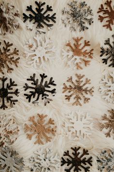 several snowflakes are arranged on a white fur covered surface with black and brown accents