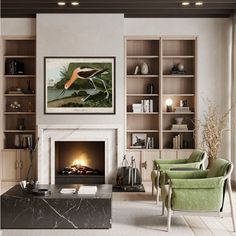 a living room filled with furniture and a fire place in front of a book shelf