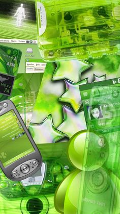 a cell phone sitting on top of a pile of green plastic cases next to each other