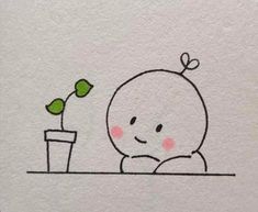 a drawing of a person holding a plant on top of a table