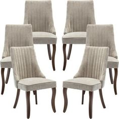 set of six upholstered dining chairs with pleated backrests and wood legs