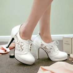 White Lace Boots, Women Pumps Shoes, Lace Booties, Lace Up High Heels, Wedding Shoes Heels, Platform Stilettos, Spike Heels, White Pumps, Pumps Shoes