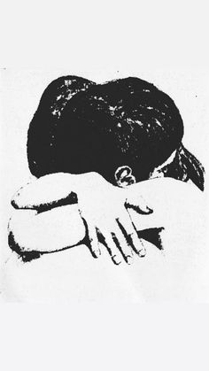 a black and white drawing of a woman's head resting on her arm, with the hand over her shoulder