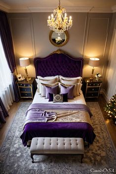 a bedroom with a purple bed, chandelier and two lamps on either side of the bed