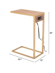 a wooden table with an electrical outlet on it and measurements for the height of the table