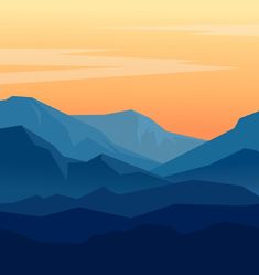 the mountains are covered in blue and orange colors as the sun is setting behind them