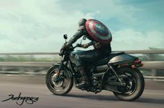 the captain america motorcycle is driving down the road with his helmet on it's back