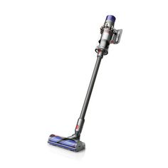 a blue and silver vacuum cleaner on a white background