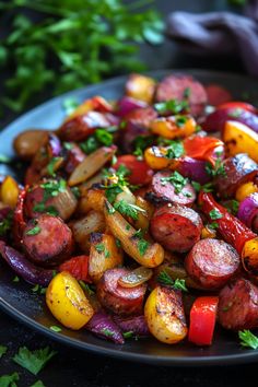 Roasted sausage, bell peppers, onions, and herbs on a black plate. Kielbasa Meals, Kielbasa Soup, Kielbasa And Potatoes