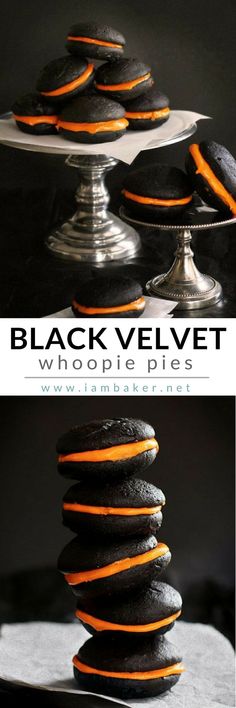 black velvet whoopie pies are stacked on top of each other with orange stripes