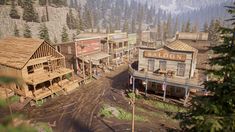 an old western town with wooden buildings and mountains in the backround, surrounded by pine trees