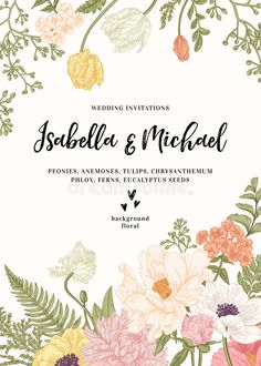 Wedding invitation with flowers. vector illustration Summer Garden Flowers, Pastel Wedding Invitations, Retro Wedding Invitations, Flowers Peonies, Summer Flowers Garden, Floral Wedding Invitation Card, Diy Vintage Decor, Summer Wedding Invitations, Vintage Flowers Wallpaper