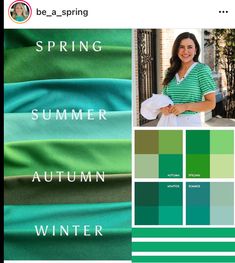 an image of a woman in green and blue with text that reads spring, summer, autumn, winter