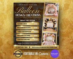 a flyer for balloon design creations with balloons on the front and back side, in gold foil