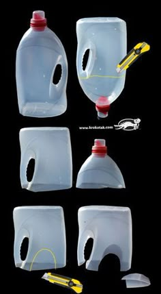 four plastic jugs with yellow handles are shown in different positions on a black background