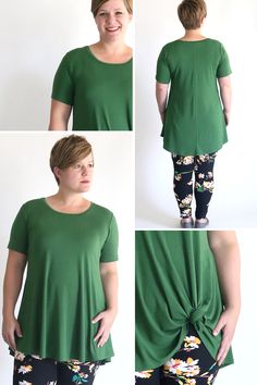 four photos of a woman in green top and floral pants with her hands on her hips