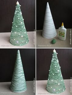 four pictures of different christmas trees made out of yarn and plastic bottles with glue on them