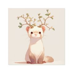 a white ferret with green leaves on it's head sitting next to a branch