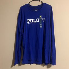 Xl Blue/White/Gold Classic Long Sleeve T-shirt For Spring, Classic Blue Crew Neck Shirt, Casual Long Sleeve Blue T-shirt, Casual Blue Long Sleeve T-shirt, Blue Long Sleeve T-shirt, Blue Cotton Long Sleeve T-shirt, Blue Long Sleeve Cotton T-shirt, Blue Ralph Lauren Crew Neck T-shirt, Blue Long Sleeve Tops