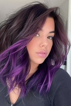 Hair Color Ideas Vibrant, Highlights Underneath Hair, Dark Brown Hair Color Ideas, Mane Magic, Purple Brown Hair, Purple Hair Highlights, Two Tone Hair, Brown Hair Color Ideas