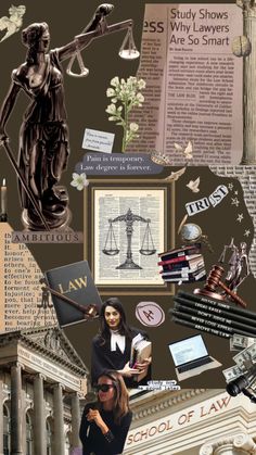 a collage of images with law related items in the middle and on top of them