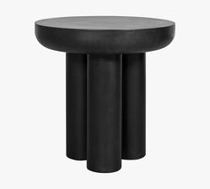 a black table with three legs and a round top on the bottom, in front of a white background