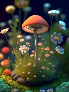 a mushroom sitting on top of a lush green field next to flowers and grass covered ground