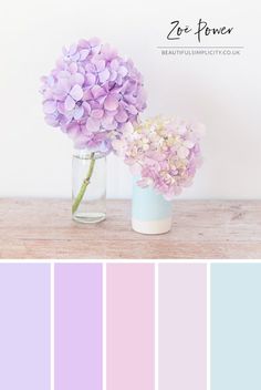 there is a vase with flowers in it and the colors are pale blue, pink, lilac