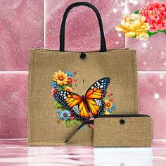 a handbag with a butterfly on it next to a flower vase and pink tiles