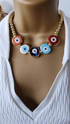 5 murano evil eye ball bead necklace  8 mm ball bead necklace with 5 different color gold plated  murano evil eye necklace. 17 inch long plus 2 inch chain total 19 inch long . Eye Ball, Eye Gift, Eye Wear, Eye Wear Glasses, Evil Eye Necklace, Eye Necklace, Charm Necklaces, Bead Necklace, Evil Eye