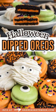 halloween decorated oreos with white frosting and sprinkles in the middle