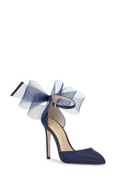 A voluminous bow stands out at the heel counter of an elegant satin pump framed by a pointy toe and stiletto heel. 3 1/2" heel Adjustable ankle strap with buckle closure Textile upper/synthetic lining and sole Imported Navy Blue Bridal Shoes, Fun Heels Unique, Blue Lace Heels, Dark Blue High Heels, Blue Strap Heels, Prom Shoes Blue, Pumps With Straps, Dark Blue Heels, Dress Tiktok