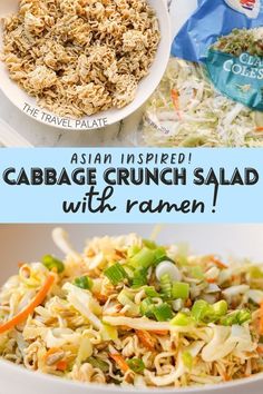 This Asian cabbage crunch salad with ramen noodles recipe from The Travel Palate makes a great main dish for lunch, dinner, or your next pot luck. It's made with coleslaw mix and a sweet dressing and comes together in just minutes. You'll love the flavors and texture of this Asian-inspired salad! Cabbage Crunch Salad, Salad With Ramen Noodles, Ramen Noodles Recipe, Asian Cabbage, Asian Inspired Salad, Sweet Dressing, Crunch Salad, Noodles Recipe, Coleslaw Mix