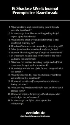 Shadow work focusing on heartbreak involves delving into the pain, loss, and lessons stemming from the end of relationships, allowing for healing and growth. Navigating heartbreak requires time, patience, and self-care. As you engage with these questions, remember to treat yourself with kindness. Journaling Prompts For Heartbreak, Shadow Work For Breakups, Friendship Journal Prompts, Breakup Journaling Prompts, Shadow Work To Get Over Someone, Breakup Shadow Work Prompts