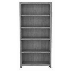 a gray bookcase with three shelves on each side