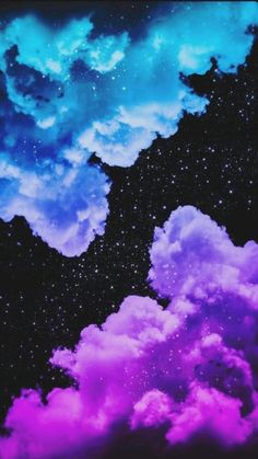 the sky is filled with clouds and stars in purple and blue colors, as well as black