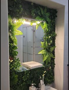 there is a mirror with plants growing on it in the bathroom wall above the sink