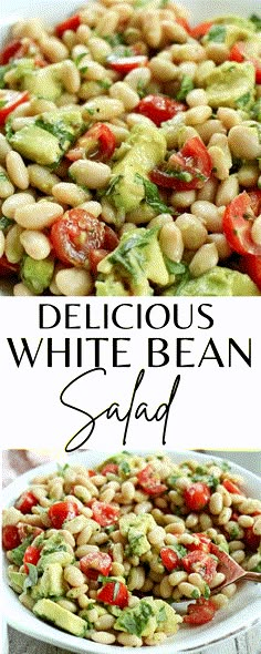 white bean salad with tomatoes and avocado and fresh basil Creamy Bean Salad Recipes, Healthy Fresh Salads, Bean And Pasta Salad, White Bean And Cucumber Salad, Recipes With White Beans Healthy, White Beans Salad Recipes, Tomato Bean Salad, Pasta Bean Salad Recipes, Recipes With Beans Healthy