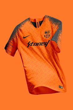 an orange soccer jersey with black lettering on the front and back, against an orange background