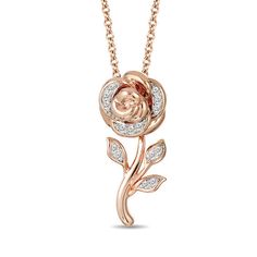 Enchanted Disney Belle 1/10 CT. T.w. Diamond Rose Pendant in 10K Rose Gold - 19" Disney Engagement Rings, Wedding Earrings Studs, Enchanted Disney, Enchanted Disney Fine Jewelry, Disney Fine Jewelry, Disney Belle, Crystal Jewelry Sets, Rose Pendant, Rose Necklace