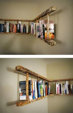 two pictures of bookshelves made out of wooden planks, one is filled with books