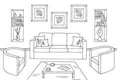 black and white outline drawing of living room