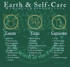 the zodiac sign for earth and self - care is shown in this graphic above it's description