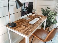 a wooden desk with a computer on it