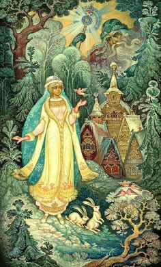 an image of a woman standing in front of a forest with houses and birds on it