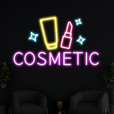 a neon sign that says cosmetic with two chairs in front of it and stars on the wall