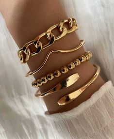 This gorgeous boho glam bracelet set is the perfect combination of gold chain + bangle bracelets designed to be worn as a set or as separates. These bracelets are a perfect accessory for any outfit and fun to mix + match. **SALES FINAL ON ALL ACCESSORIES** Bijoux Art Nouveau, Gold Bead Bracelets, Gold Charm Bracelet, Gold Bracelets, Fashion Accessories Jewelry, Gold Charm, Chain Link Bracelet, Accessories Bracelets, Link Bracelets