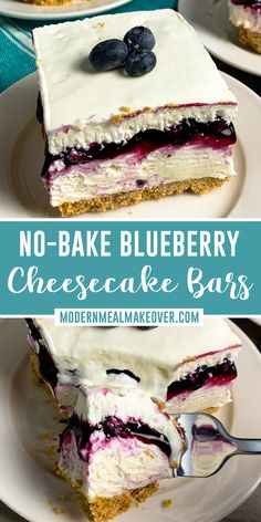 no - bake blueberry cheesecake bars on white plates with text overlay