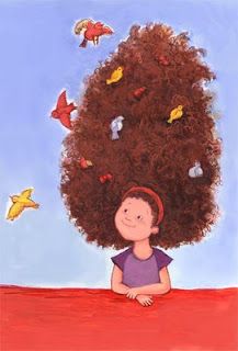 a painting of a girl with her hair in the shape of a tree and birds